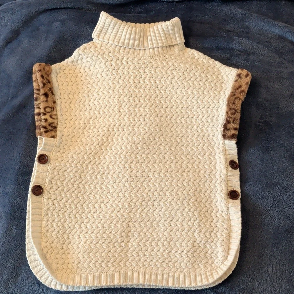 Aspen Kids Turtleneck Poncho Cream Faux Fur Size L 10 Cape Knit - Picture 1 of 11